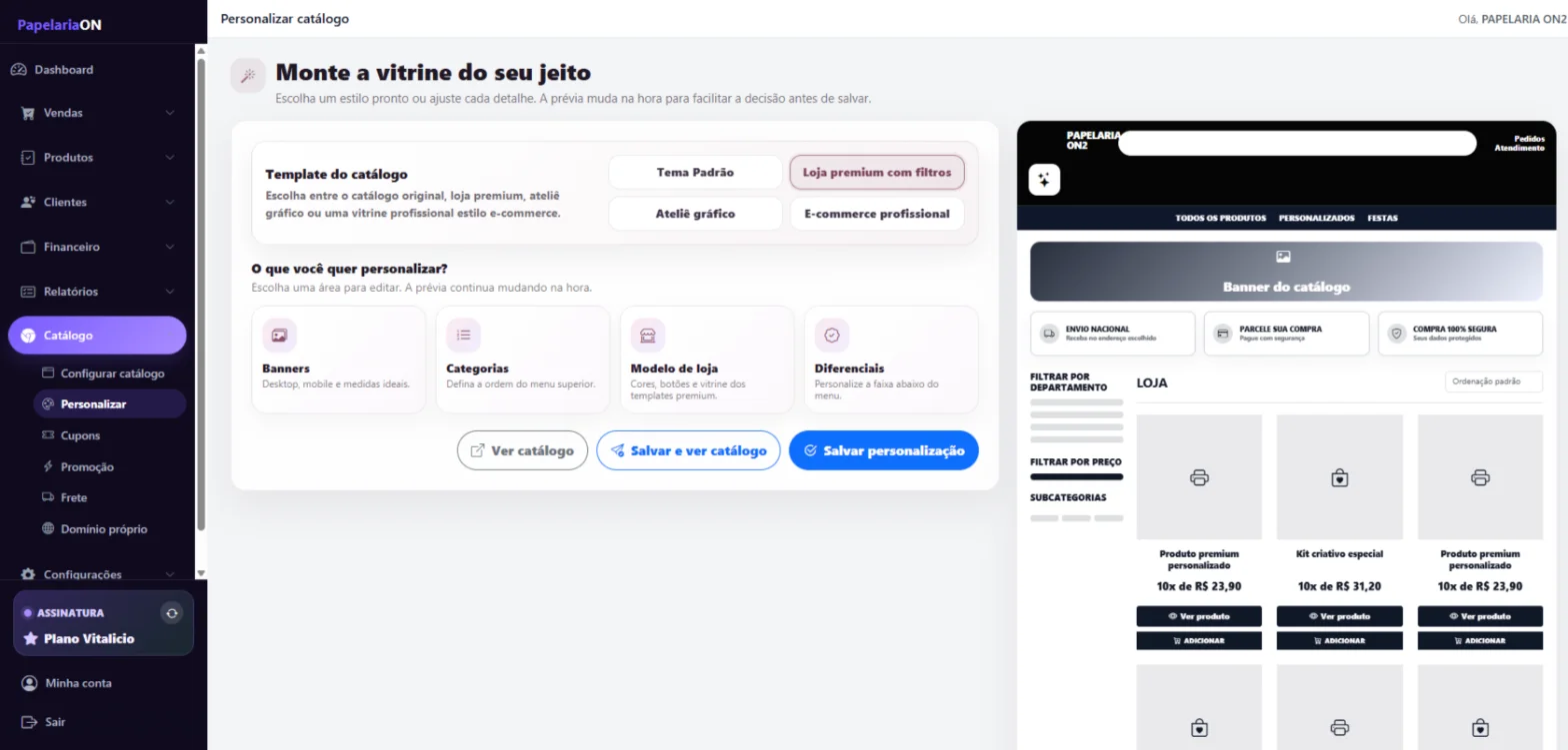 Tela de personalização da vitrine com templates, banners e prévia do catálogo
