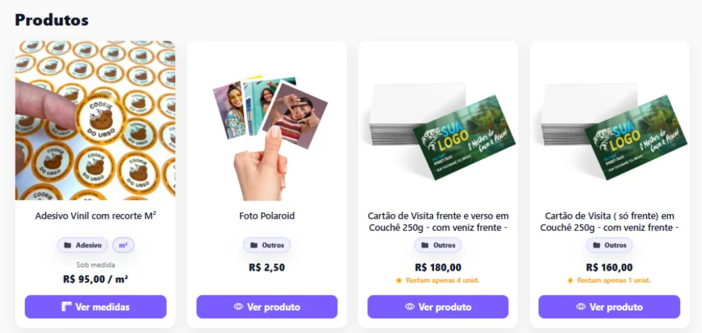 Catálogo online de uma gráfica com adesivos, fotos e cartões de visita