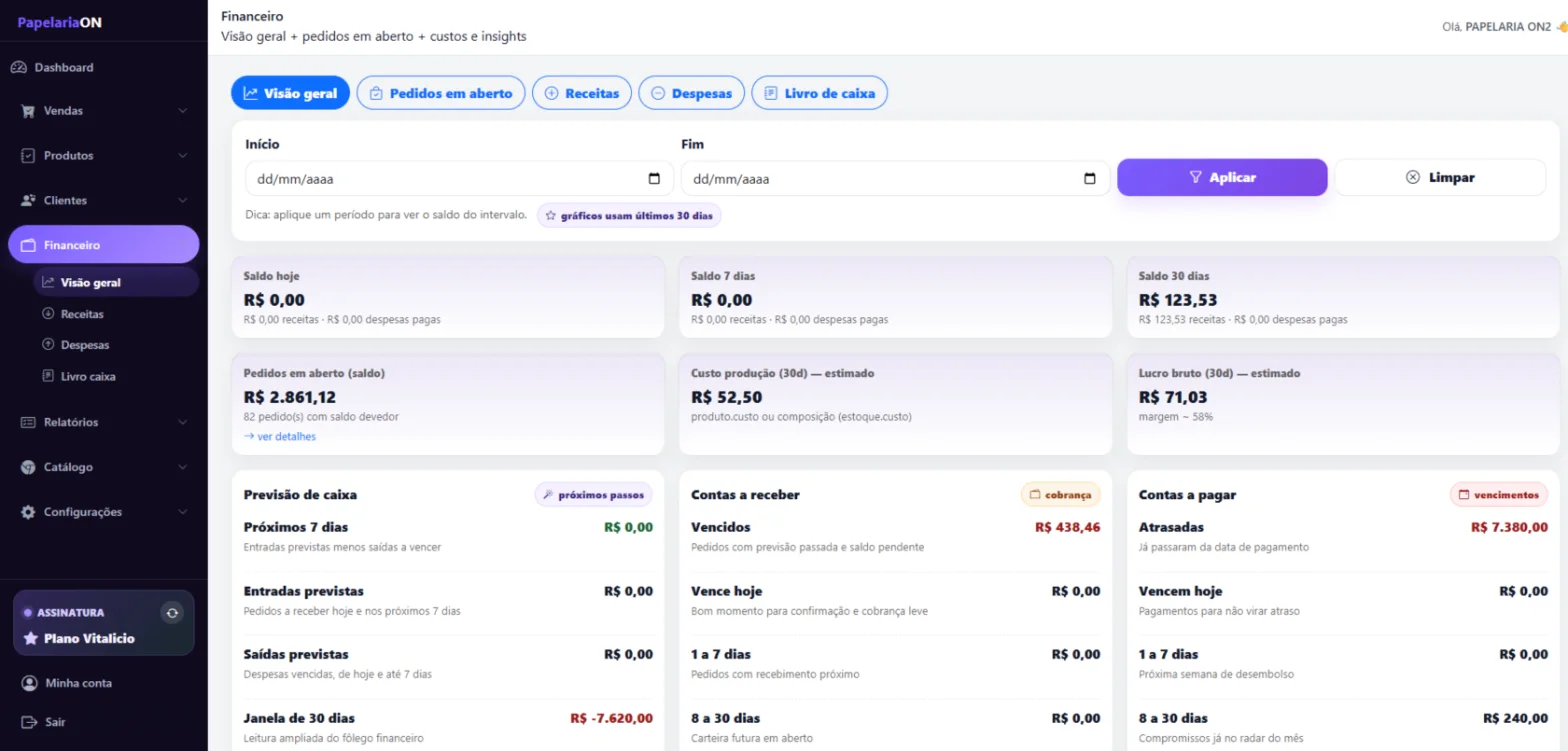 Tela financeira com saldos, contas a receber, contas a pagar e previsão de caixa