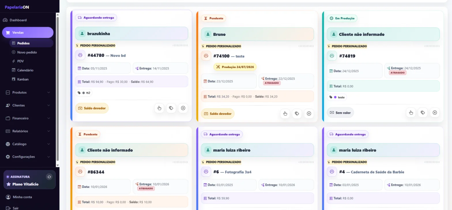 Tela de pedidos com cartões por status, datas de entrega e saldos